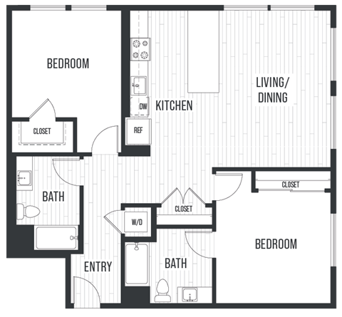 Floor plan 2D. Two bedroom, two bath at Sixth & Jackson Apartments in Japantown, San Jose.